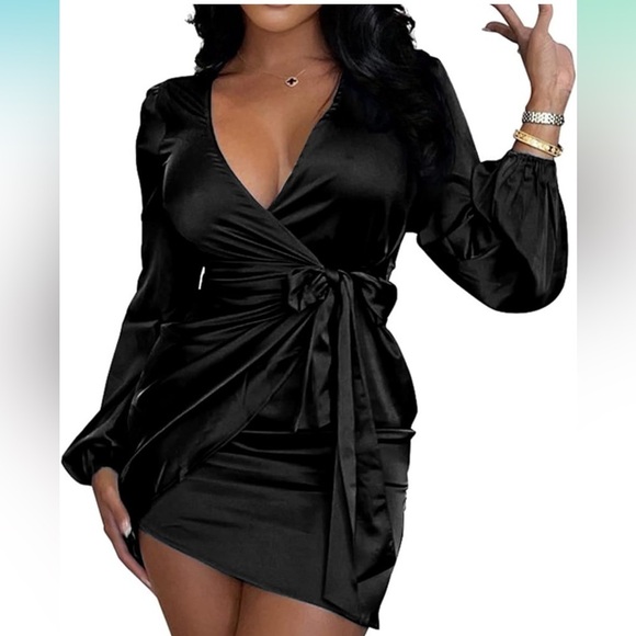 Satin Silky Wrap V Neck Tie Waist Long Sleeve Mini Short Dress - Picture 4 of 4